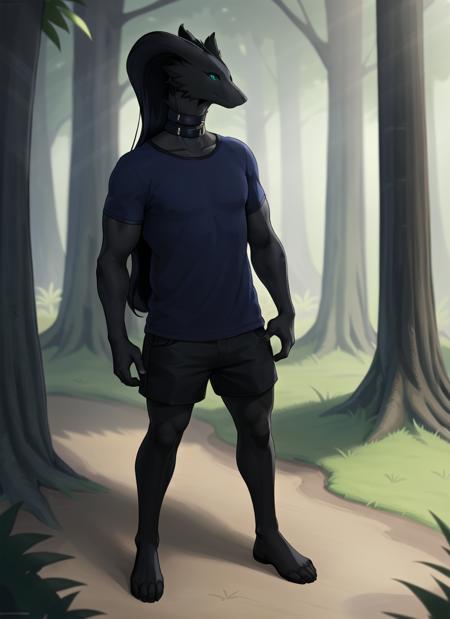 01557-2909285242-(reshiram), (standing), clothed, clothing, shorts, blue shirt, jungle, [muscular], (smile), jungle, trees,_(black body_1.4), gre.png
